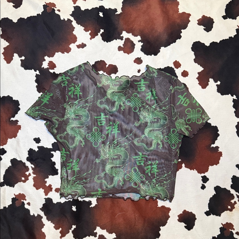 SHEIN Green Dragon Print Mesh Crop Top Size Large - Picture 2 of 5